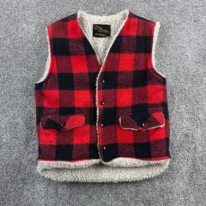 Vintage Cal Craft Vest Mens M Red Black Buffalo Plaid Sherpa Lined Western Snap